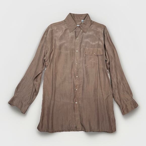 VTG Lanvin Paris 100% Silk Shirt Size Medium M Brown Taupe Long Sleeve Button - Picture 1 of 7